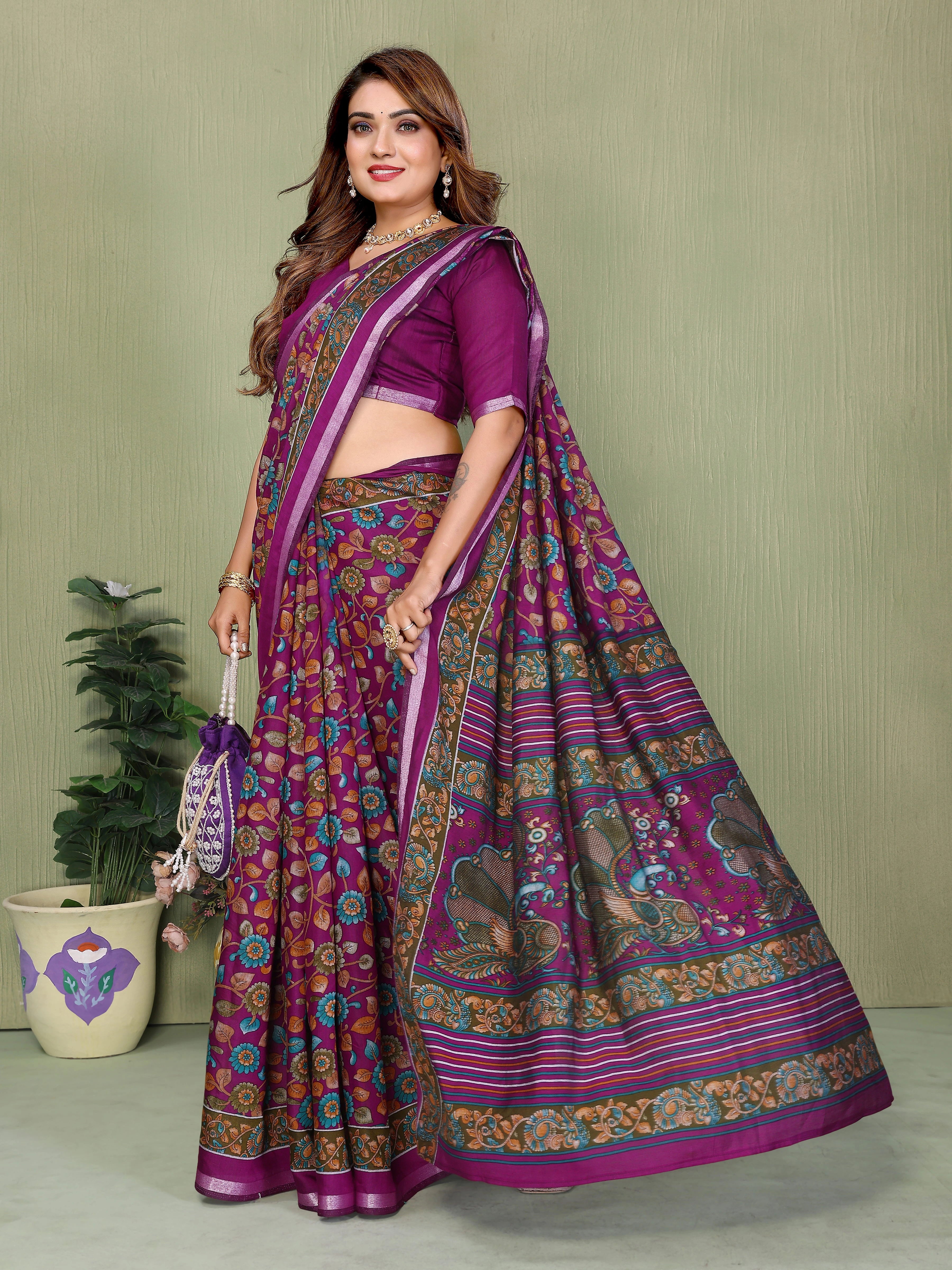Magenta Kalamkari Print Mul Cotton Saree - kalyanja